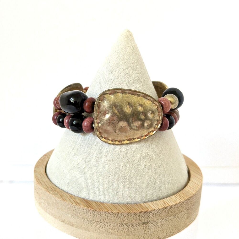 Chunky Hammered Gold Tone Panel Stretch Bracelet Faux Stones Beads 7" - Picture 3 of 9